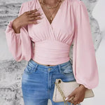 Elegant Ruched Cinching Waist Puff Sleeves Blouse