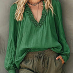 Casual Ruffled V-Neck Puff Sleeve Textured Blouse