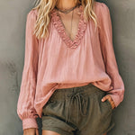 Casual Ruffled V-Neck Puff Sleeve Textured Blouse