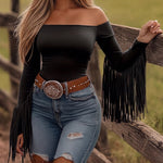 Retro Fringe Cuffs Off-Shoulder Fitted Top