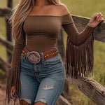 Retro Fringe Cuffs Off-Shoulder Fitted Top