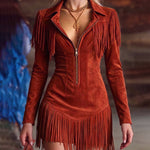 Retro Western Style Fringed Faux Suede Dress