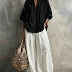 Ruched Collar Blouse And Wide Leg Pants Set