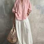 Ruched Collar Blouse And Wide Leg Pants Set