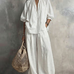 Ruched Collar Blouse And Wide Leg Pants Set