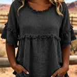 Casual Cotton Blend Fringe Trim Raw Edge Blouse