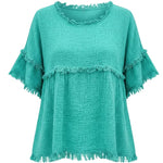 Casual Cotton Blend Fringe Trim Raw Edge Blouse
