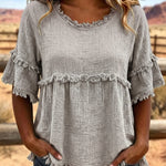 Casual Cotton Blend Fringe Trim Raw Edge Blouse