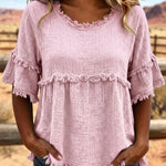 Casual Cotton Blend Fringe Trim Raw Edge Blouse