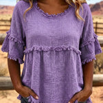 Casual Cotton Blend Fringe Trim Raw Edge Blouse