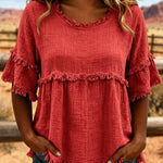Casual Cotton Blend Fringe Trim Raw Edge Blouse