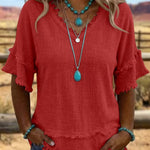 Casual Fringe Trim Raw Edge V-Neck Blouse