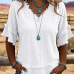 Casual Fringe Trim Raw Edge V-Neck Blouse