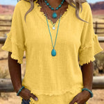 Casual Fringe Trim Raw Edge V-Neck Blouse