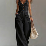 Casual 100% Cotton Denim Wide Leg Jumpsuit