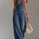 Casual 100% Cotton Denim Wide Leg Jumpsuit
