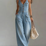 Casual 100% Cotton Denim Wide Leg Jumpsuit