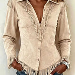 Fringe Trim Faux Suede Western Shirt