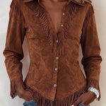 Fringe Trim Faux Suede Western Shirt