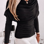 Chic Ruched Cowl Neck Drape Elastic Knit Long Sleeve Blouse