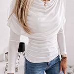 Chic Ruched Cowl Neck Drape Elastic Knit Long Sleeve Blouse