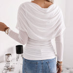 Chic Ruched Cowl Neck Drape Elastic Knit Long Sleeve Blouse
