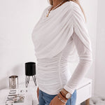 Chic Ruched Cowl Neck Drape Elastic Knit Long Sleeve Blouse