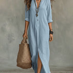 Half Button Down Loose Maxi Shirt Dress