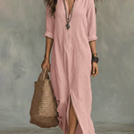 Half Button Down Loose Maxi Shirt Dress