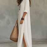 Half Button Down Loose Maxi Shirt Dress