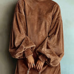 Mock Neck Lantern Sleeve Corduroy Sweatshirt Dress
