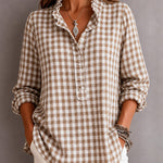 Casual Ruffle Trim Gingham Henley Blouse