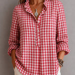 Casual Ruffle Trim Gingham Henley Blouse