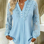 Lace Trim Pleated Notch Neck Blouse