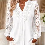 Lace Trim Pleated Notch Neck Blouse