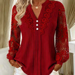 Lace Trim Pleated Notch Neck Blouse