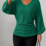 Women's Ruched Waffle Knit V Neck Top