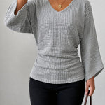 Women's Ruched Waffle Knit V Neck Top