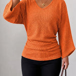 Women's Ruched Waffle Knit V Neck Top
