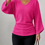 Women's Ruched Waffle Knit V Neck Top