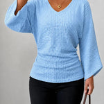 Women's Ruched Waffle Knit V Neck Top