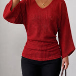 Women's Ruched Waffle Knit V Neck Top