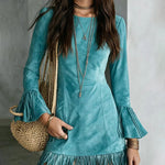 Faux Suede Fringe Mini Dress with Flare Sleeves