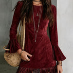 Faux Suede Fringe Mini Dress with Flare Sleeves