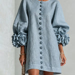 Faux Linen Mini Dress with 3D Floral Buttons & Puff Sleeves