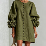Faux Linen Mini Dress with 3D Floral Buttons & Puff Sleeves