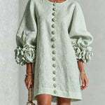 Faux Linen Mini Dress with 3D Floral Buttons & Puff Sleeves