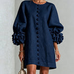 Faux Linen Mini Dress with 3D Floral Buttons & Puff Sleeves