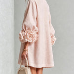 Faux Linen Mini Dress with 3D Floral Buttons & Puff Sleeves