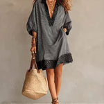 Leopard Trim Deep V Neck Loose Striped Mini Dress